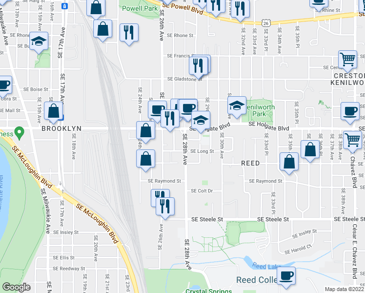 map of restaurants, bars, coffee shops, grocery stores, and more near 4625 Southeast 28th Avenue in Portland