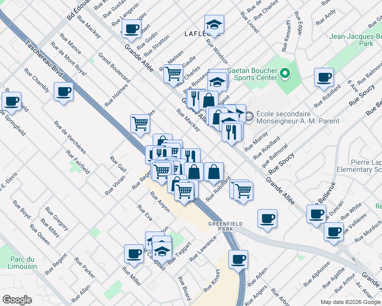 map of restaurants, bars, coffee shops, grocery stores, and more near 3815 Rue Mance in Longueuil
