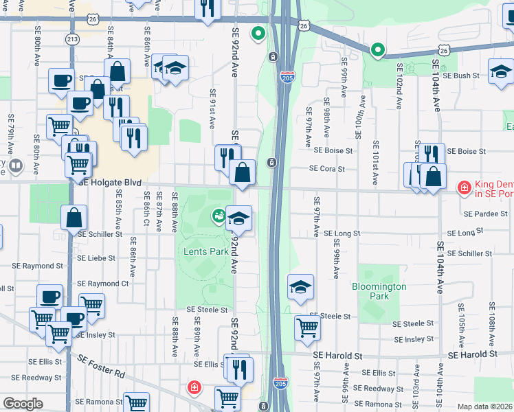 map of restaurants, bars, coffee shops, grocery stores, and more near 9337 Southeast Pardee Street in Portland