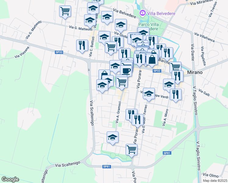 map of restaurants, bars, coffee shops, grocery stores, and more near 28 Via Torino in Mirano