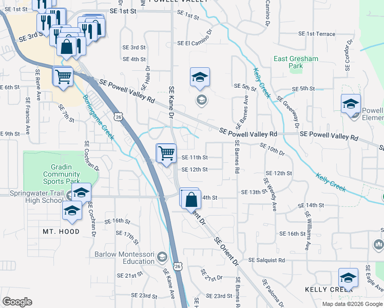 map of restaurants, bars, coffee shops, grocery stores, and more near 3414 Southeast 11th Street in Gresham