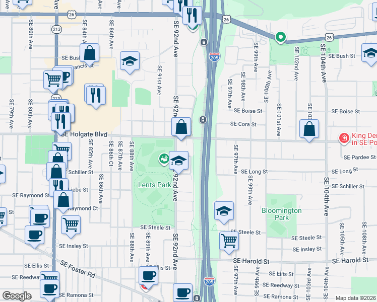 map of restaurants, bars, coffee shops, grocery stores, and more near 9311 Southeast Pardee Street in Portland