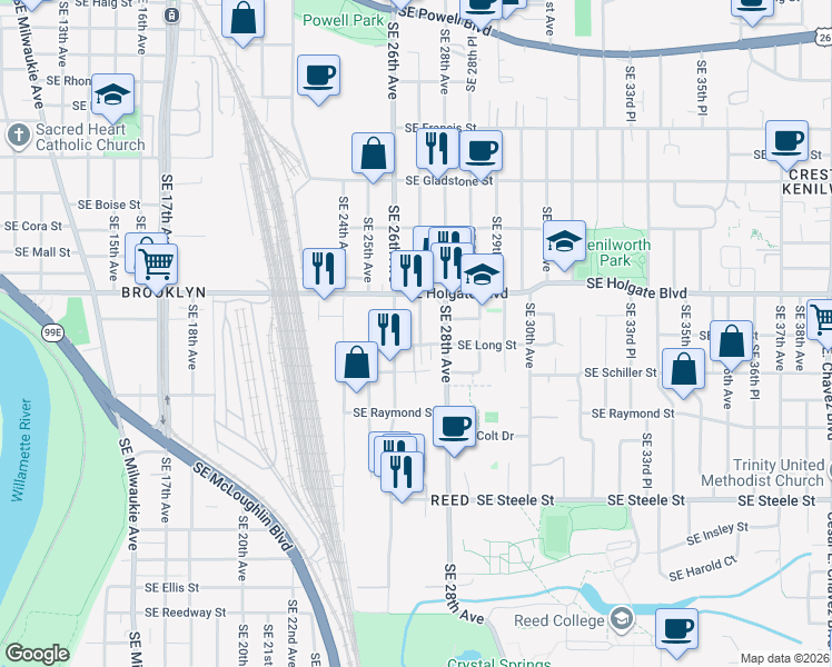 map of restaurants, bars, coffee shops, grocery stores, and more near 4637 Southeast 27th Avenue in Portland
