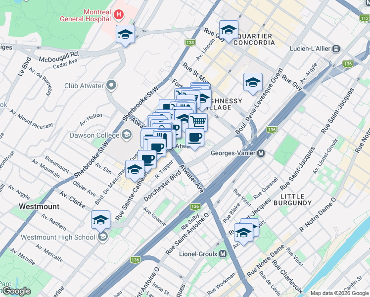 map of restaurants, bars, coffee shops, grocery stores, and more near 2320 Rue Tupper in Montrã©Al