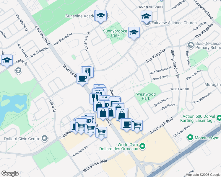 map of restaurants, bars, coffee shops, grocery stores, and more near 251 Chemin Davignon in Dollard-des-Ormeaux