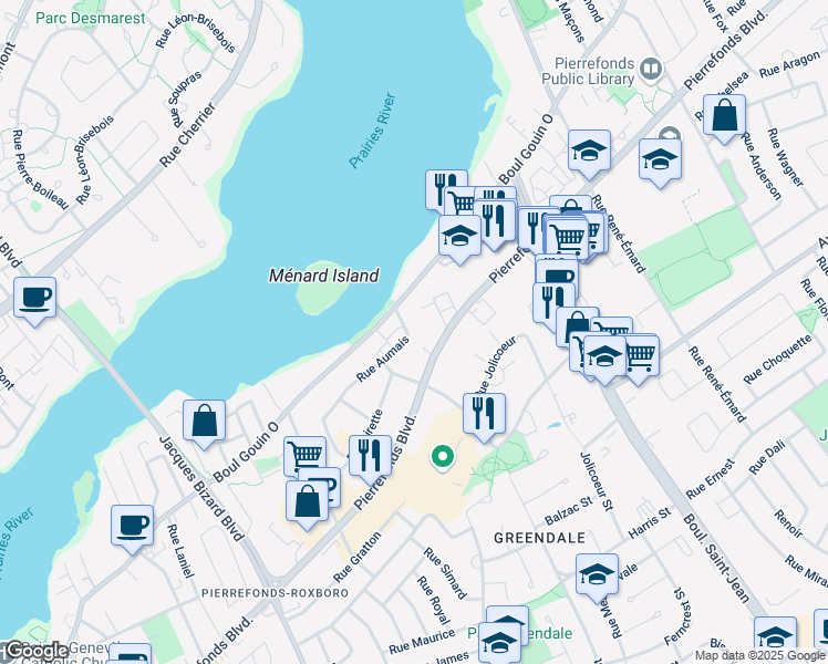 map of restaurants, bars, coffee shops, grocery stores, and more near 14464 Rue Aumais in Montréal