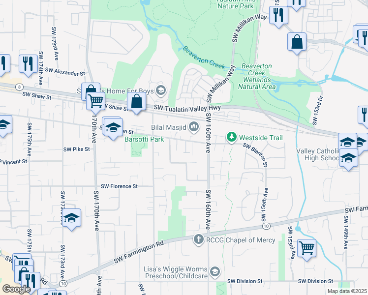 map of restaurants, bars, coffee shops, grocery stores, and more near 4261 Southwest 162nd Place in Aloha