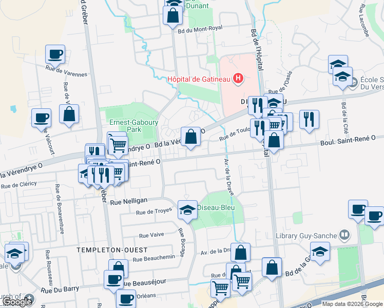 map of restaurants, bars, coffee shops, grocery stores, and more near 1001 Boulevard Saint-René Ouest in Gatineau