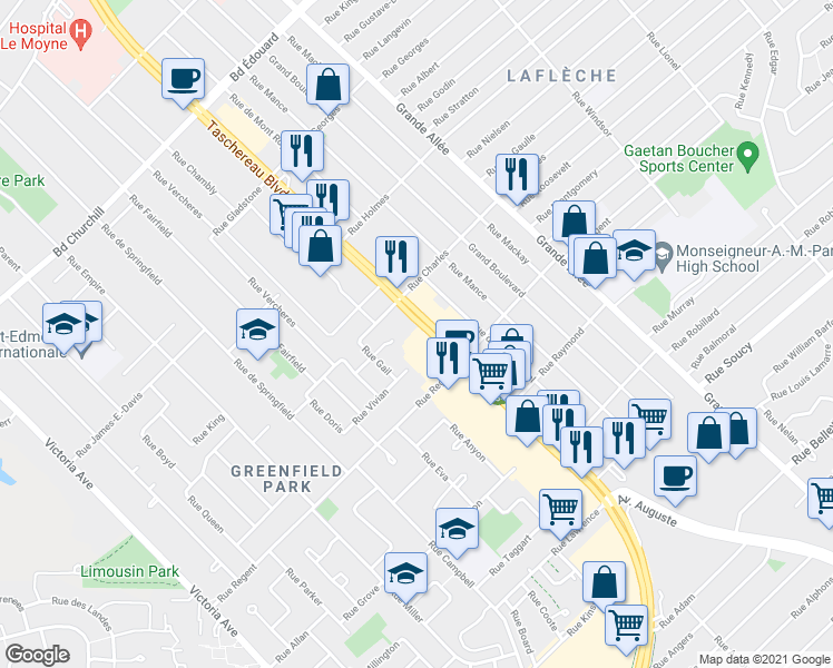 map of restaurants, bars, coffee shops, grocery stores, and more near 3654 Boulevard Taschereau in Longueuil