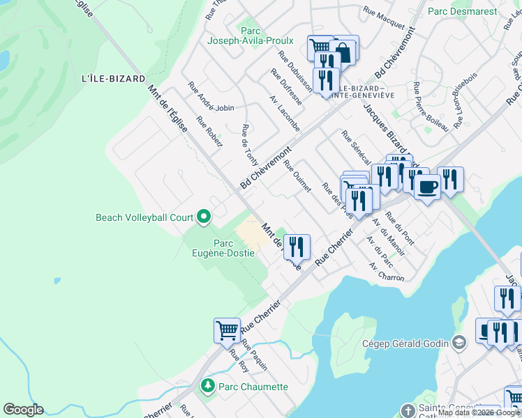 map of restaurants, bars, coffee shops, grocery stores, and more near 575 Montée de l'Église in Montréal