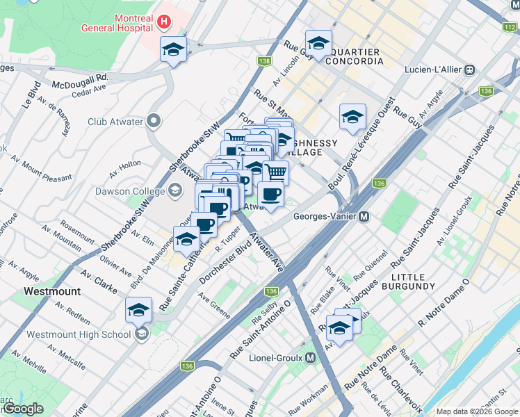 map of restaurants, bars, coffee shops, grocery stores, and more near 2320 Rue Tupper in Montrã©Al
