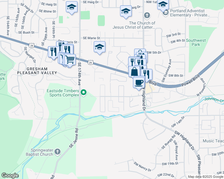 map of restaurants, bars, coffee shops, grocery stores, and more near 4777 Southwest 11th Street in Gresham