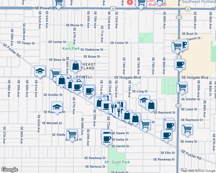 map of restaurants, bars, coffee shops, grocery stores, and more near 4706 Southeast 72nd Avenue in Portland
