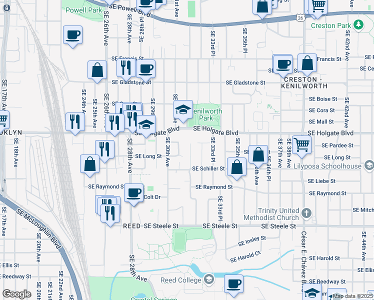 map of restaurants, bars, coffee shops, grocery stores, and more near 4627 Southeast 32nd Avenue in Portland
