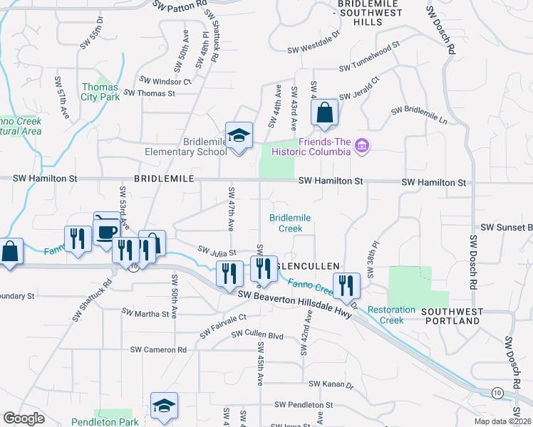 map of restaurants, bars, coffee shops, grocery stores, and more near 4703 Southwest Snyder Place in Portland
