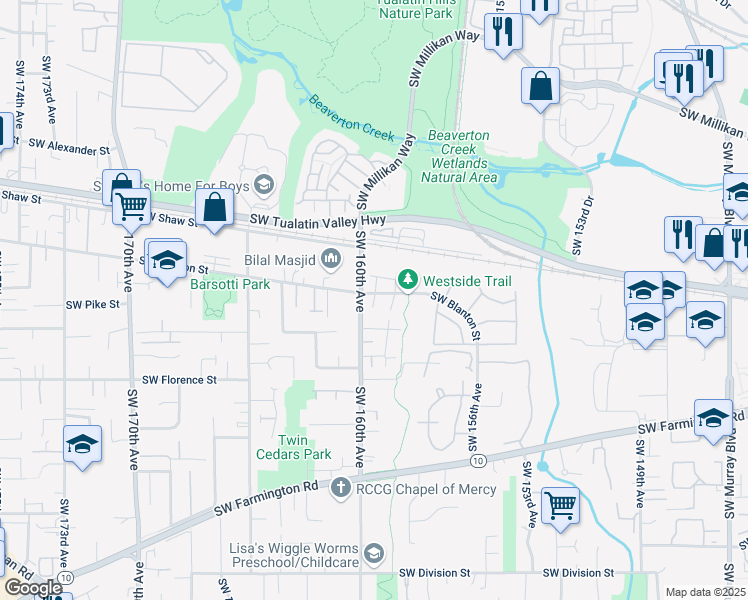 map of restaurants, bars, coffee shops, grocery stores, and more near 4263 Southwest 159th Avenue in Beaverton