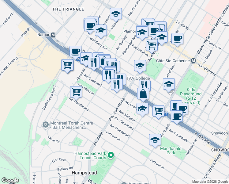 map of restaurants, bars, coffee shops, grocery stores, and more near 6307 Avenue Coolbrook in Montréal