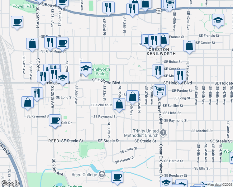 map of restaurants, bars, coffee shops, grocery stores, and more near 4633 Southeast 35th Avenue in Portland