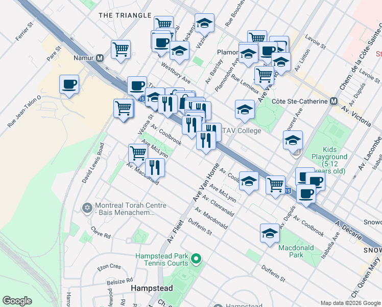map of restaurants, bars, coffee shops, grocery stores, and more near 6370 Avenue Coolbrook in Montréal