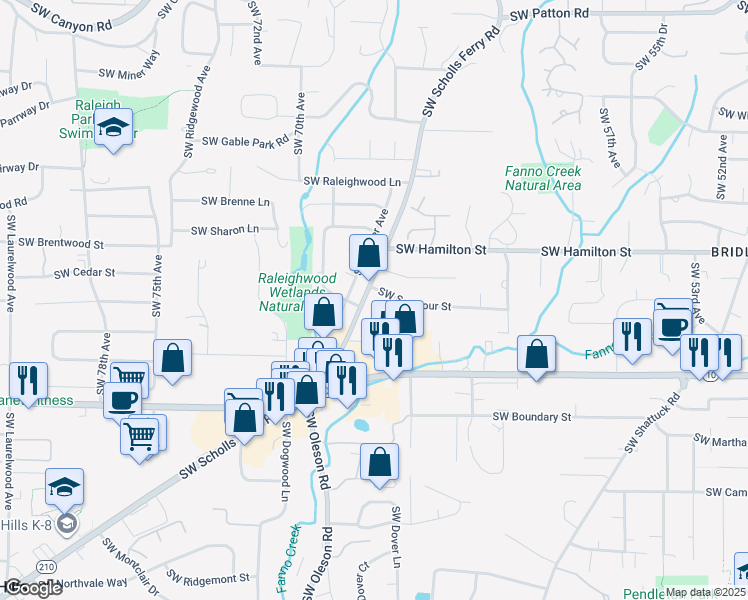 map of restaurants, bars, coffee shops, grocery stores, and more near 4390 Southwest Scholls Ferry Road in Portland