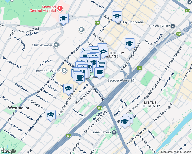 map of restaurants, bars, coffee shops, grocery stores, and more near in Montreal