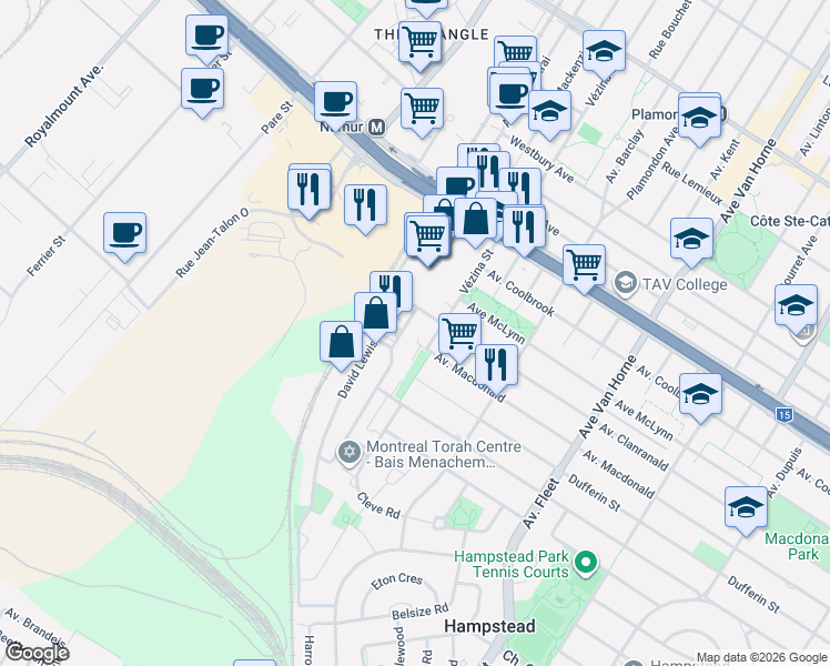 map of restaurants, bars, coffee shops, grocery stores, and more near 6800 Avenue Macdonald in Côte Saint-Luc