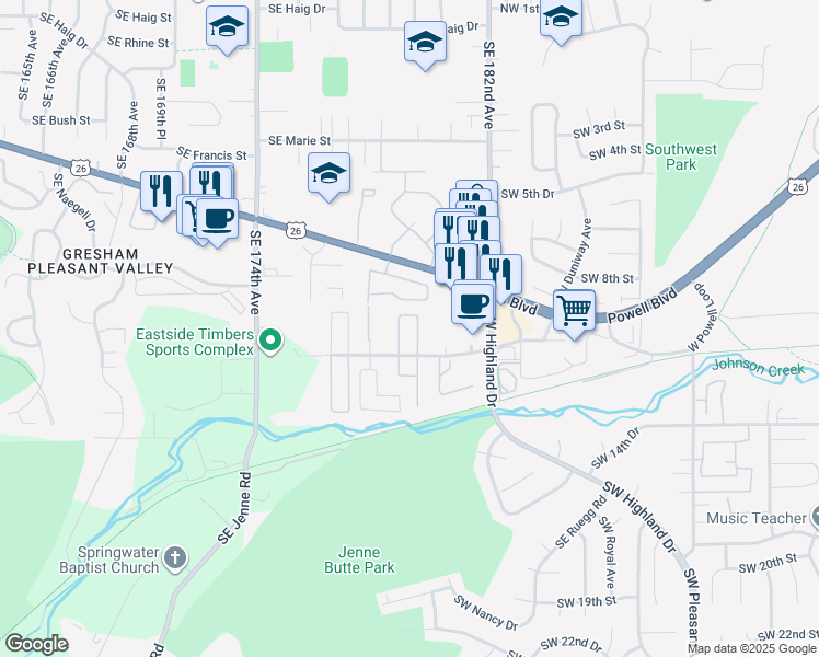 map of restaurants, bars, coffee shops, grocery stores, and more near 4777 Southwest 11th Street in Gresham