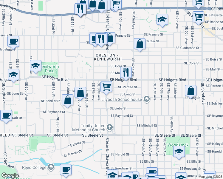 map of restaurants, bars, coffee shops, grocery stores, and more near 4703 Southeast 40th Avenue in Portland
