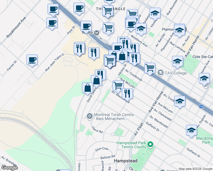 map of restaurants, bars, coffee shops, grocery stores, and more near 6800 Avenue Macdonald in Côte Saint-Luc