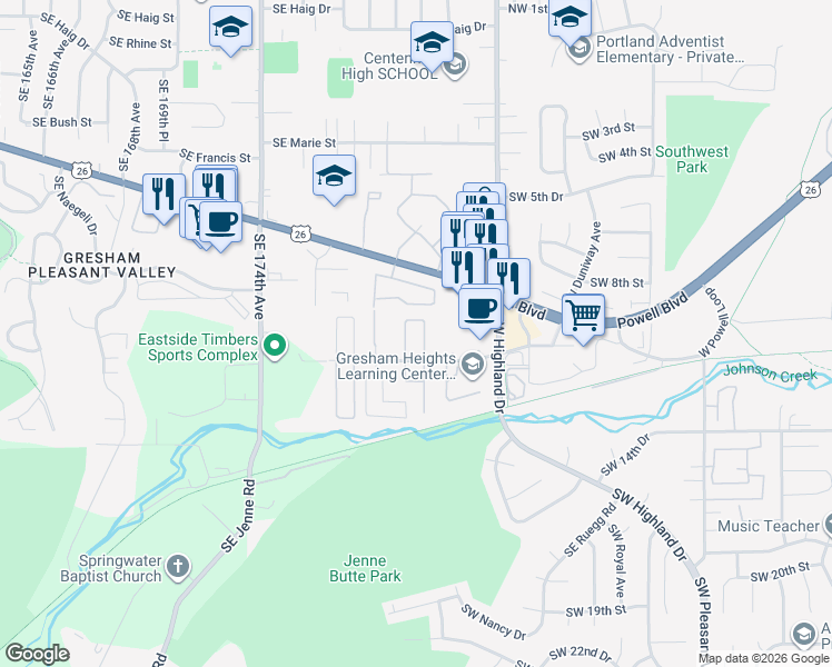 map of restaurants, bars, coffee shops, grocery stores, and more near 4777 Southwest 11th Street in Gresham