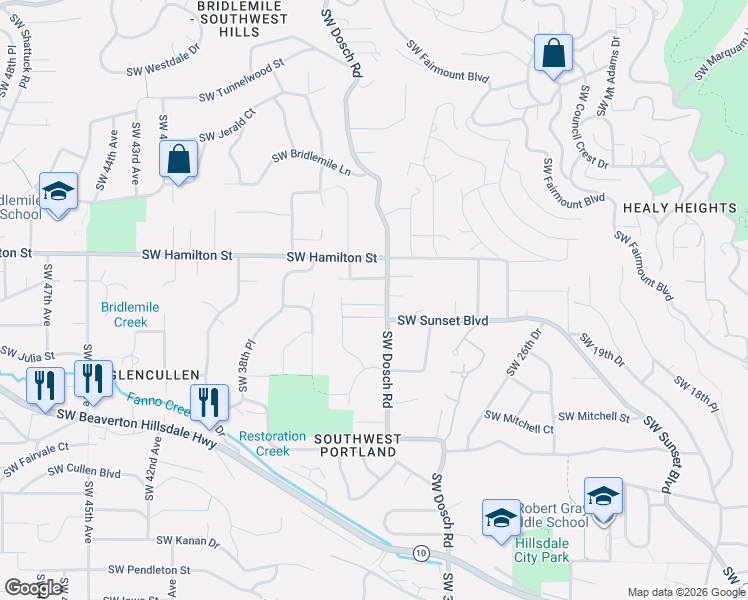 map of restaurants, bars, coffee shops, grocery stores, and more near 3331 Southwest Seymour Street in Portland