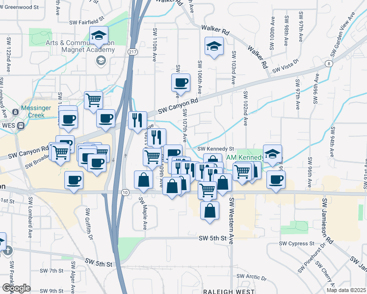 map of restaurants, bars, coffee shops, grocery stores, and more near 4325 Southwest 107th Avenue in Beaverton