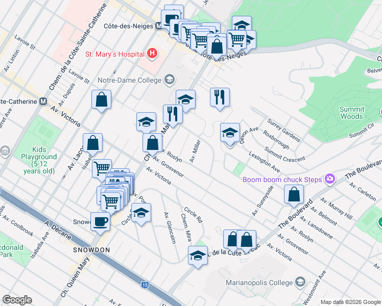 map of restaurants, bars, coffee shops, grocery stores, and more near 4605 Avenue Miller in Montréal
