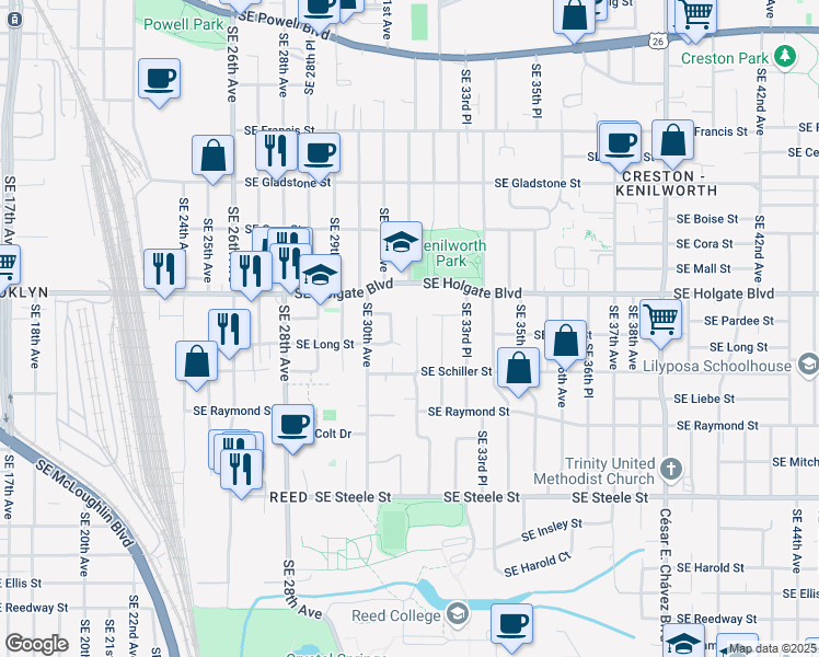 map of restaurants, bars, coffee shops, grocery stores, and more near 4627 Southeast 32nd Avenue in Portland
