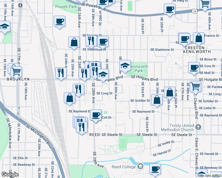 map of restaurants, bars, coffee shops, grocery stores, and more near 4624 Southeast 29th Avenue in Portland