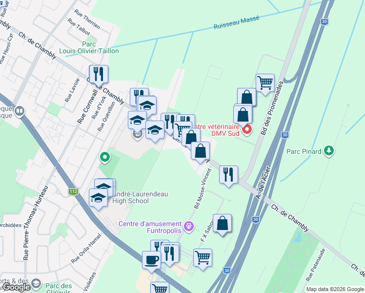 map of restaurants, bars, coffee shops, grocery stores, and more near 7615 Chemin de Chambly in Longueuil