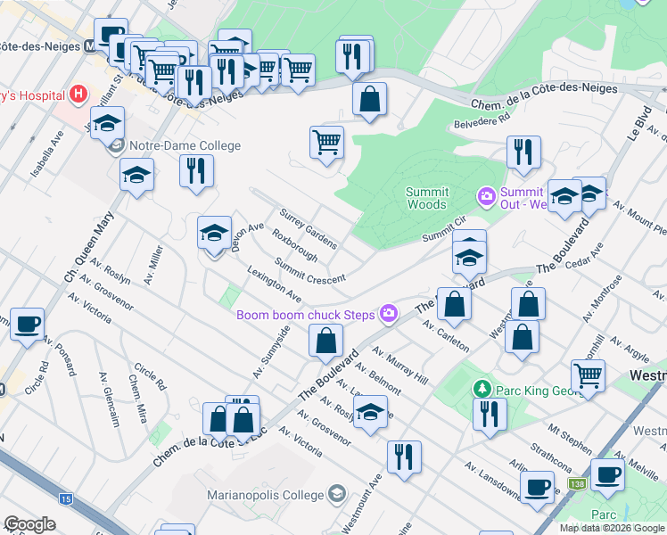 map of restaurants, bars, coffee shops, grocery stores, and more near 70 Croissant Gordon in Westmount