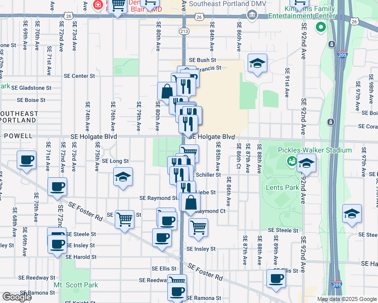 map of restaurants, bars, coffee shops, grocery stores, and more near 4574-4596 Southeast 82nd Avenue in Portland