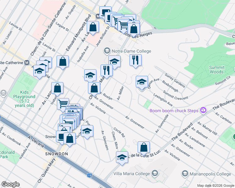 map of restaurants, bars, coffee shops, grocery stores, and more near 4605 Avenue Miller in Montréal