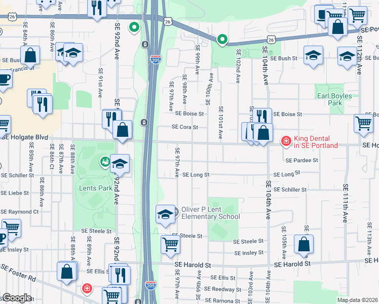 map of restaurants, bars, coffee shops, grocery stores, and more near 4533 Southeast 99th Avenue in Portland