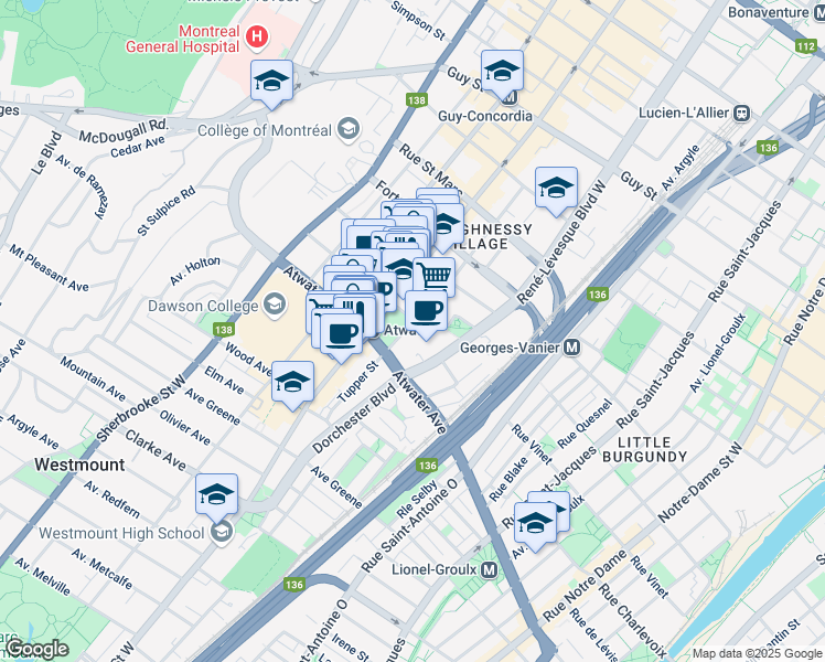 map of restaurants, bars, coffee shops, grocery stores, and more near 2275 Boulevard René-Lévesque Ouest in Montréal