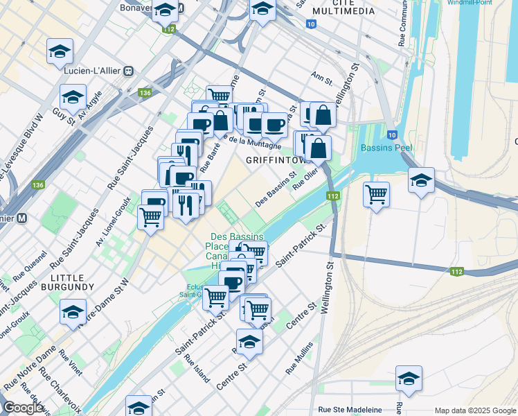 map of restaurants, bars, coffee shops, grocery stores, and more near 1548 Rue des Bassins in Montréal