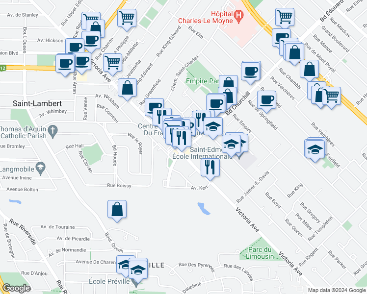 map of restaurants, bars, coffee shops, grocery stores, and more near 10 Boulevard Churchill in Longueuil