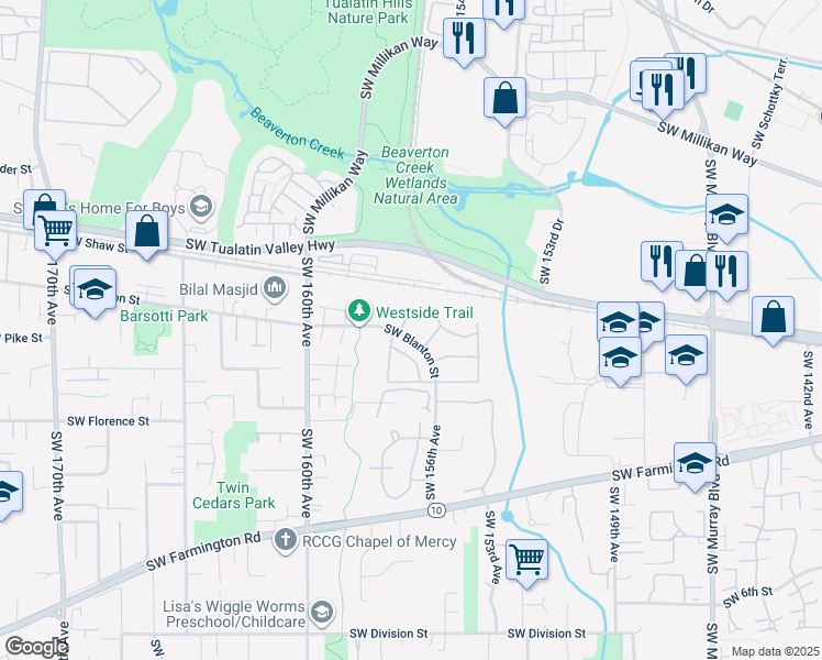 map of restaurants, bars, coffee shops, grocery stores, and more near 15655 Southwest Blanton Street in Beaverton
