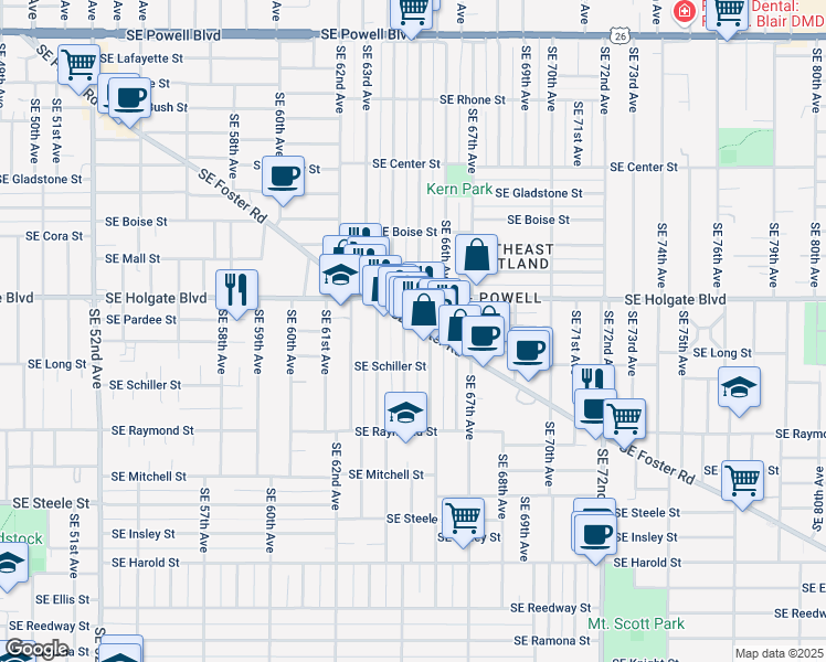 map of restaurants, bars, coffee shops, grocery stores, and more near 6432-6434 Southeast Foster Road in Portland