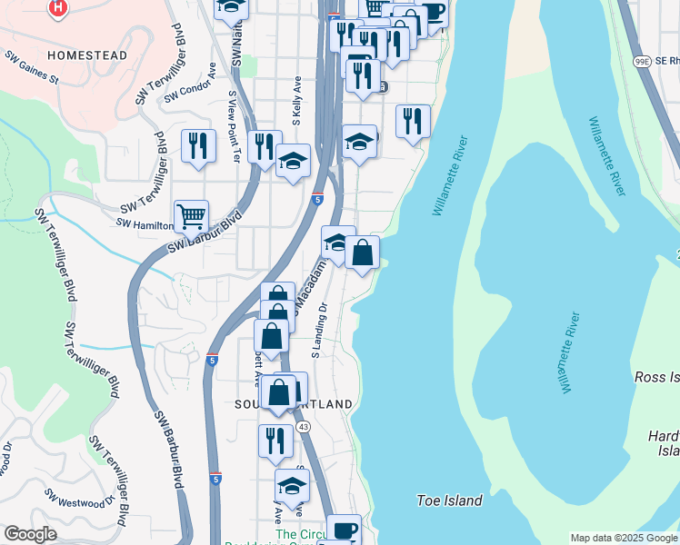 map of restaurants, bars, coffee shops, grocery stores, and more near 4650 South Macadam Avenue in Portland