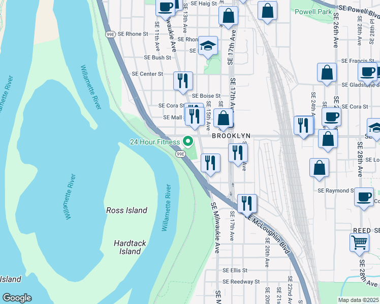 map of restaurants, bars, coffee shops, grocery stores, and more near 1327 Southeast Long Street in Portland
