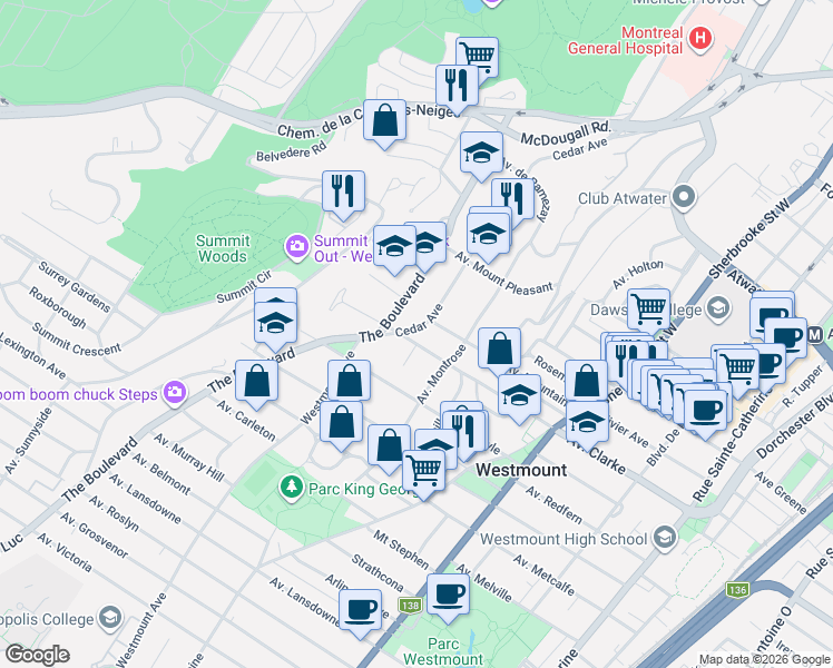 map of restaurants, bars, coffee shops, grocery stores, and more near 3290 Avenue Cedar in Westmount