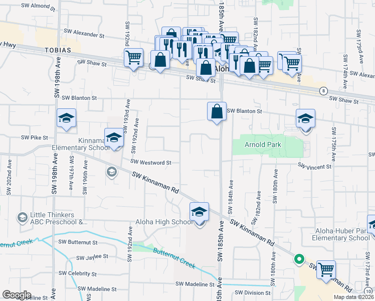 map of restaurants, bars, coffee shops, grocery stores, and more near 4195 Southwest 187th Avenue in Beaverton