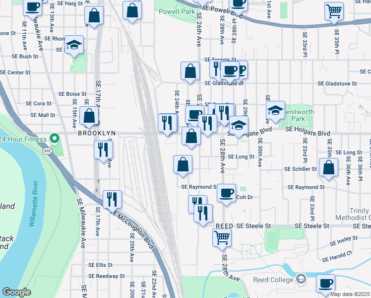 map of restaurants, bars, coffee shops, grocery stores, and more near 4720 Southeast 24th Avenue in Portland
